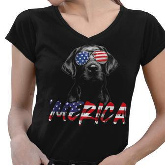 Merica Black Labrador 4Th Of July American Flag Lab Dog Women V-Neck T-Shirt - Seseable