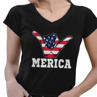 Merica Shaka Sign 4Th Of July American Flag Usa Women V-Neck T-Shirt - Monsterry UK