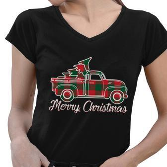 Merry Christmas Plaid Truck And Tree Women V-Neck T-Shirt - Monsterry UK