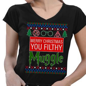 Merry Christmas Ya Filthy Muggle Ugly Sweater Women V-Neck T-Shirt - Monsterry UK