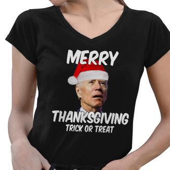 Merry Thanksgiving Trick Or Treat Funny Christmas Joe Biden Tshirt Women V-Neck T-Shirt - Monsterry CA