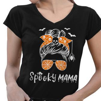 Messy Bun Spooky Mama Mom Funny Halloween Costume Skull V2 Women V-Neck T-Shirt - Seseable