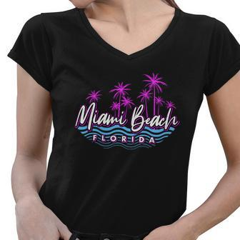 Miami Beach Florida Neon Tshirt Women V-Neck T-Shirt - Monsterry DE