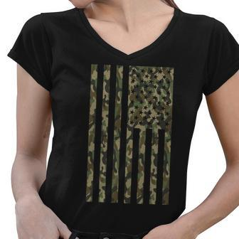 Military Camouflage Usa American Flag Women V-Neck T-Shirt - Monsterry