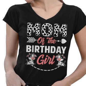 Mom Of The Birthday Girl Cow Birthday Farm Animal Women V-Neck T-Shirt - Seseable