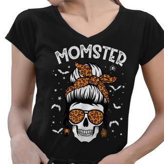 Momster Halloween Costume Skull Mom Messy Hair Bun Monster Women V-Neck T-Shirt - Seseable