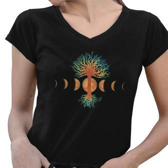 Moon Phases Tree Of Life Women V-Neck T-Shirt - Monsterry