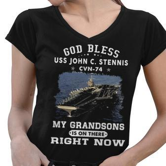 My Grandsons Is On Uss John C Stennis Cvn 74 Cvn Women V-Neck T-Shirt - Monsterry