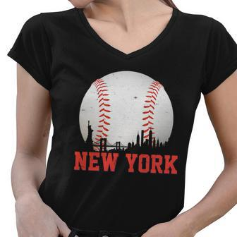 New York Skyline Baseball Sports Fan Women V-Neck T-Shirt - Monsterry CA