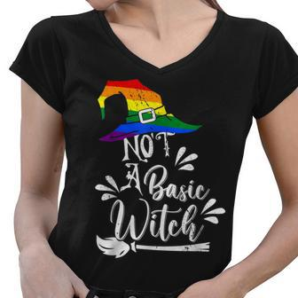 Not A Basic Witch Rainbow Witch Lgbt Halloween Lesbian Pride Women V-Neck T-Shirt - Seseable
