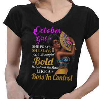 October Girl Libra Birthday Gift Melanin Afro Queen Womens Women V-Neck T-Shirt - Seseable