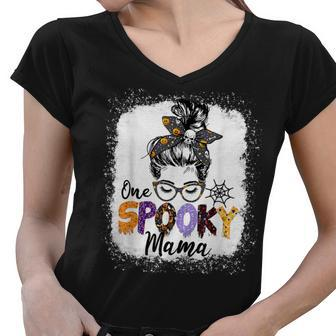 One Spooky Mama Messy Bun Skull Halloween Funny Mom Life Women V-Neck T-Shirt - Seseable