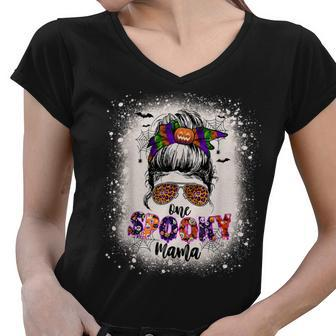 One Spooky Mama Mommy Halloween Mom Life Messy Bun Bleached Women V-Neck T-Shirt - Seseable