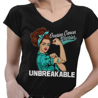 Ovarian Cancer Warrior Unbreakable Women V-Neck T-Shirt - Monsterry