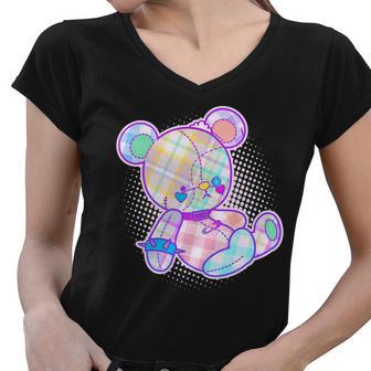 Pastel Kawaii Cute Goth Punk Teddy Bear Women V-Neck T-Shirt - Monsterry