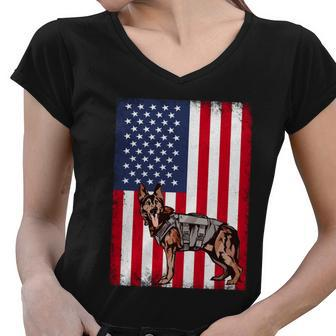 Patriotic German Shepherd American Flag Grunge Dog Lover Gift Women V-Neck T-Shirt - Monsterry DE