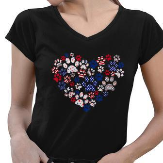 Patriotic Heart American Flag 4Th Of July Dog Paw Prints Women V-Neck T-Shirt - Monsterry UK
