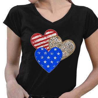 Patriotic Leopard Print Stars And Stripes Hearts Women V-Neck T-Shirt - Monsterry AU