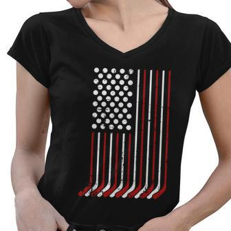 Patriotic Us American Hockey Sticks And Stars Stripes Flag Gift Women V-Neck T-Shirt - Monsterry AU