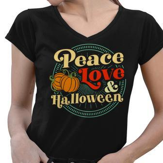Peace Love And Halloween Pumpkin Jack O Lantern Fall Vibes Sweatshirt Women V-Neck T-Shirt - Thegiftio UK