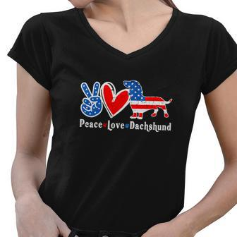 Peace Love Dachshund Funny 4Th Of July American Flag Women V-Neck T-Shirt - Monsterry
