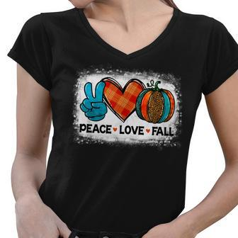 Peace Love Fall Leopard Pumpkin Halloween Vibes Bleached Women V-Neck T-Shirt - Thegiftio UK