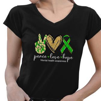 Peace Love Hope Mental Health Awareness Green Ribbon Women V-Neck T-Shirt - Monsterry UK