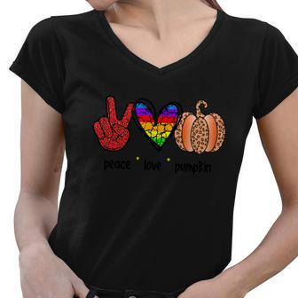 Peace Love Pumpkin Halloween Quote Women V-Neck T-Shirt - Monsterry