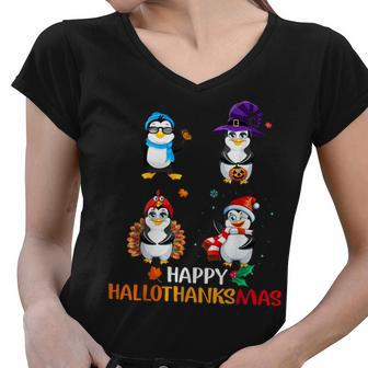Penguin Halloween And Merry Christmas Happy Hallothanksmas Sweatshirt Women V-Neck T-Shirt - Thegiftio UK