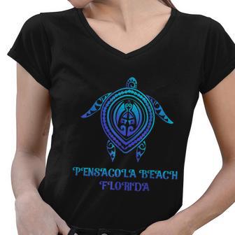 Pensacola Beach Florida Beach Souvenirs Sea Turtle Tribal Women V-Neck T-Shirt - Monsterry CA