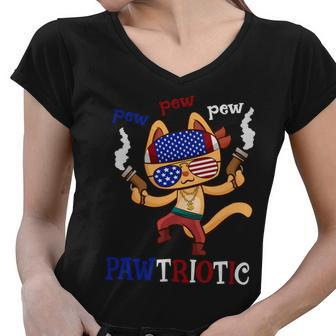 Pew Pew Pawtriotic Cat 4Th Of July Cat Day Women V-Neck T-Shirt - Monsterry