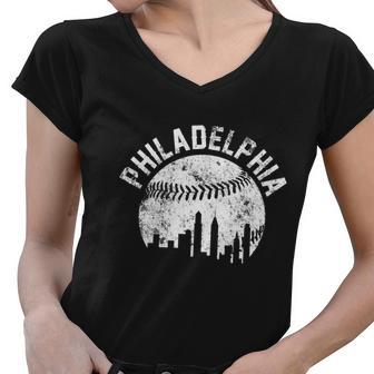 Philadelphia Baseball City Skyline Vintage Tshirt Women V-Neck T-Shirt - Monsterry CA