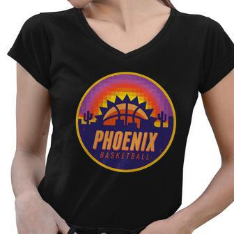 Phoenix Basketball Retro Logo Pixel Sunset Women V-Neck T-Shirt - Monsterry UK