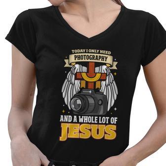 Photography Camera Photographer Cameraman Jesus Christian Meaningful Gift Women V-Neck T-Shirt - Monsterry UK