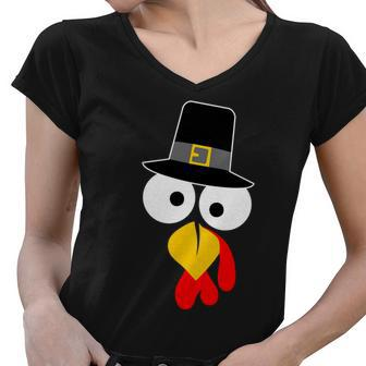 Pilgrim Turkey Big Face Thanksgiving Tshirt Women V-Neck T-Shirt - Monsterry DE