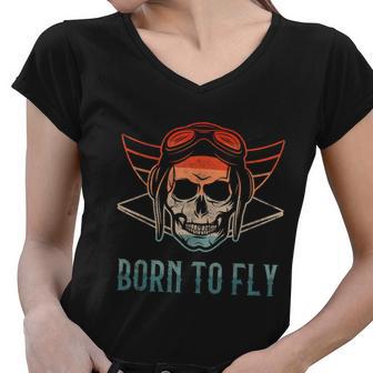 Pilot Born O Fly Airplane Plane Aviator Airport Pilots Women V-Neck T-Shirt - Monsterry