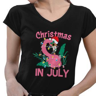 Pink Flamingo In Santa Hat Funny Christmas In July V2 Women V-Neck T-Shirt - Monsterry