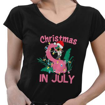 Pink Flamingo In Santa Hat Funny Christmas In July Women V-Neck T-Shirt - Monsterry