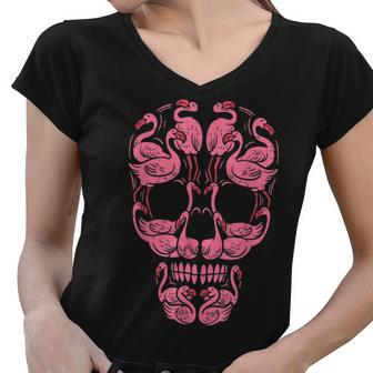 Pink Flamingo Skull Breast Cancer Awareness Halloween Women V2 Women V-Neck T-Shirt - Thegiftio UK