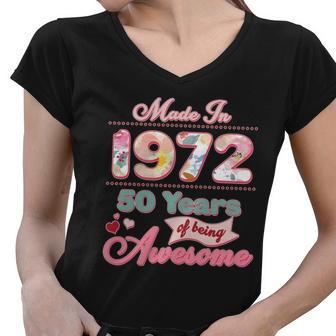 Pink Floral Made In 1972 50 Years Of Being Awesome Birthday Women V-Neck T-Shirt - Monsterry