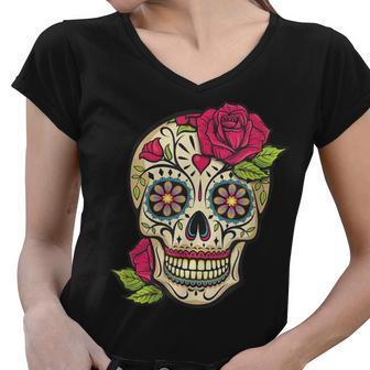 Pink Rose Sugar Skull Dia De Los Muertos Mexican Halloween Women V-Neck T-Shirt - Thegiftio UK