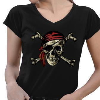 Pirate Skull Crossbones Tshirt Women V-Neck T-Shirt - Monsterry UK