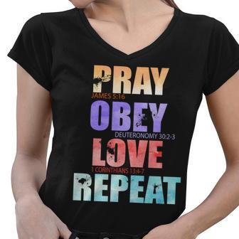 Pray Obey Love Repeat Christian Bible Quote Women V-Neck T-Shirt - Monsterry UK
