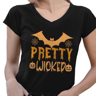 Pretty Wicked Halloween Quote Women V-Neck T-Shirt - Monsterry