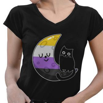 Pride Month Nonbinary Moon Space Cat Lgbt Women V-Neck T-Shirt - Monsterry DE