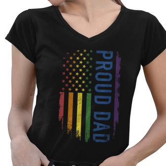 Proud Dad With Us Rainbow Flag For Pride Month Funny Family Gift Women V-Neck T-Shirt - Monsterry DE