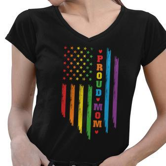 Proud Mom Rainbow Distressed Usa Pride Month Lbgt Women V-Neck T-Shirt - Monsterry