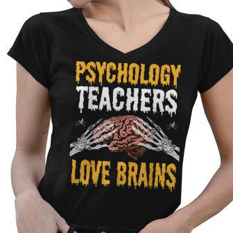 Psychology Teachers Love Brains Funny Halloween Teacher Gift Women V-Neck T-Shirt - Thegiftio UK