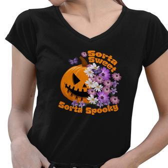 Pumpkin Daisy Sorta Sweet Sorta Spooky Halloween Women V-Neck T-Shirt - Seseable