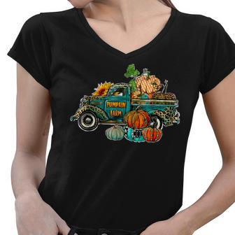 Pumpkin Farm Leopard Truck Pumpkin Lovers For Fall Lovers Women V-Neck T-Shirt - Thegiftio UK